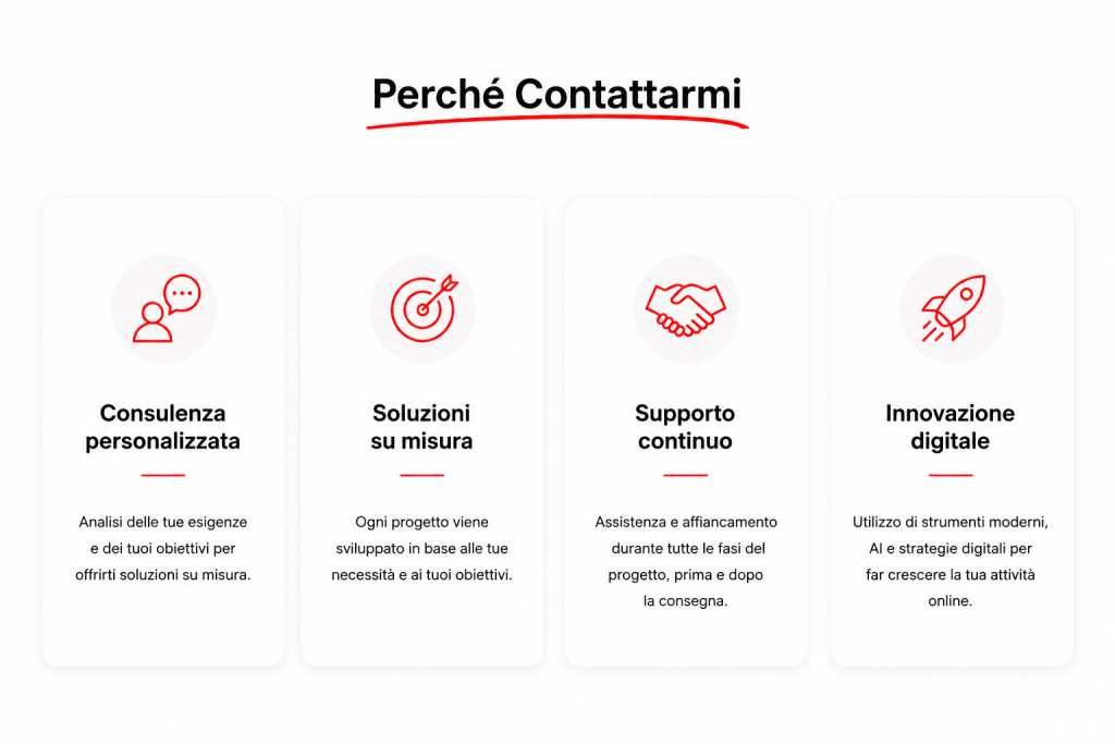 Card informative sui vantaggi di scegliere Cristina Web Solutions: consulenza personalizzata, soluzioni su misura, supporto continuo e innovazione digitale.