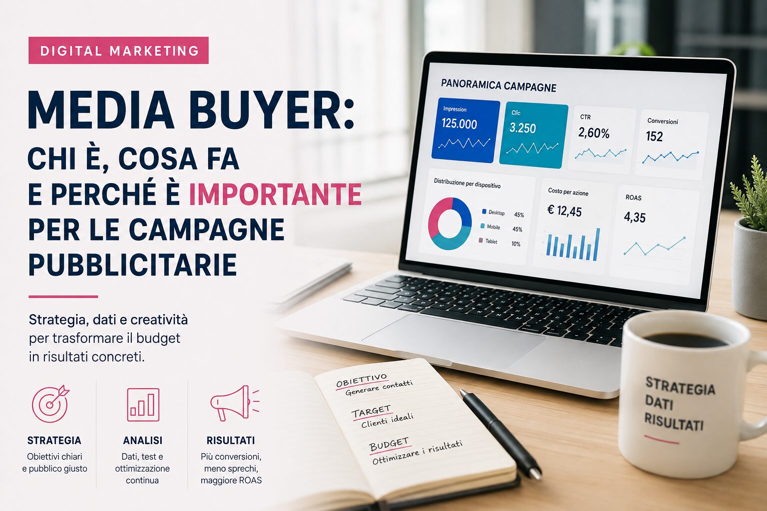 Media Buyer al lavoro sull'analisi di campagne pubblicitarie digitali