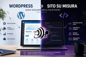 Confronto tra WordPress e sito web su misura con laptop diviso a metà, dashboard WordPress e codice personalizzato, logo Cristina Web Solutions al centro.