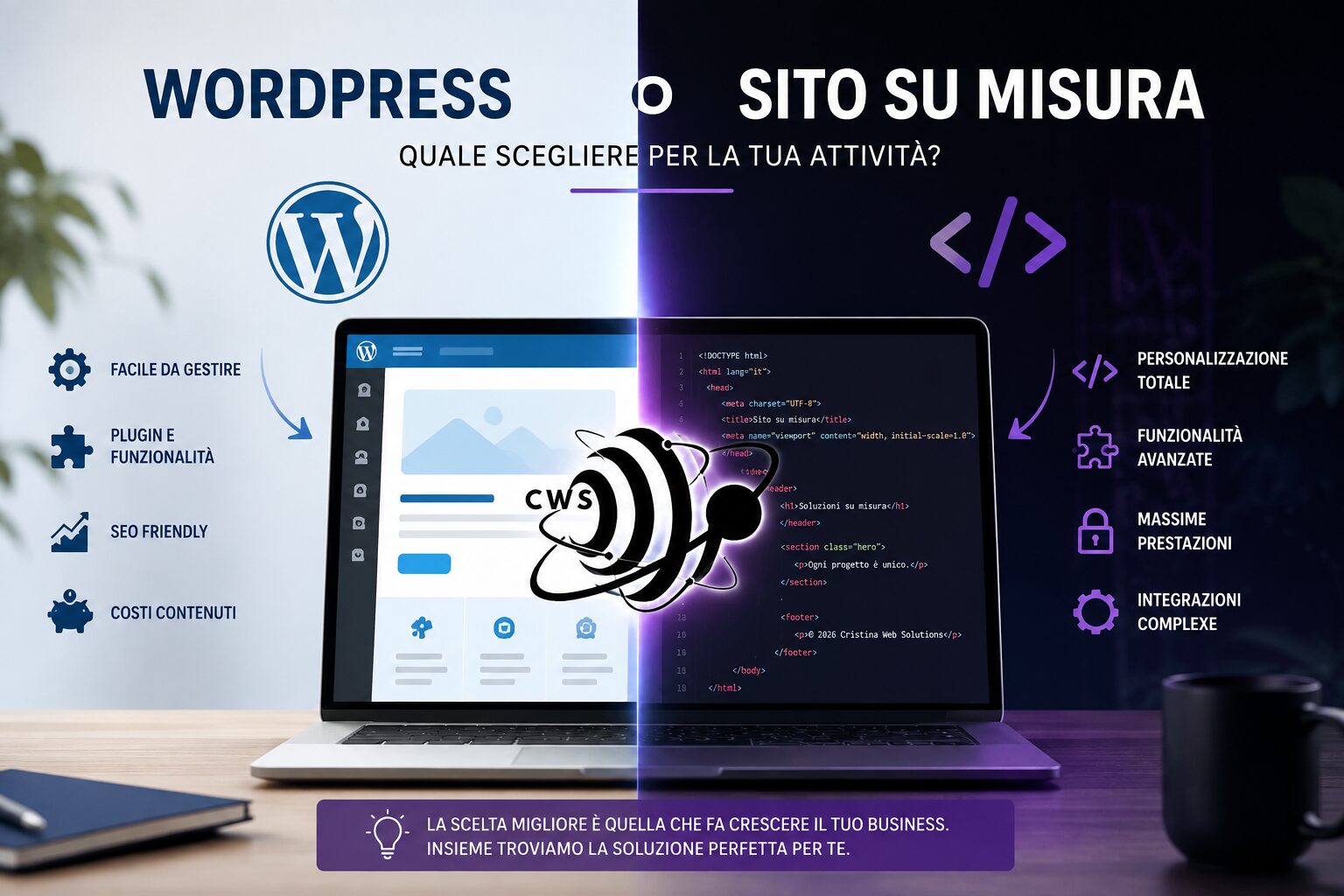 Confronto tra WordPress e sito web su misura con laptop diviso a metà, dashboard WordPress e codice personalizzato, logo Cristina Web Solutions al centro.