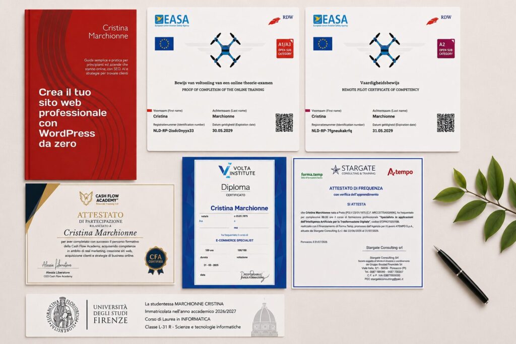 Collage delle certificazioni e dei principali traguardi formativi di Cristina Web Solutions: libro WordPress, certificazioni EASA per pilota di droni, diploma E-commerce Specialist, attestato in Intelligenza Artificiale, certificazione Cash Flow Academy e iscrizione al Corso di Laurea in Informatica dell'Università degli Studi di Firenze.